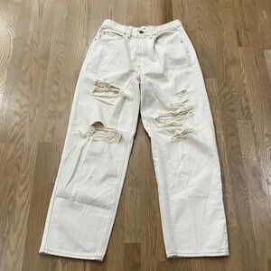 BDG Urban Outfitters Women's Cream Cotton High Rise Baggy Ripped Jeans